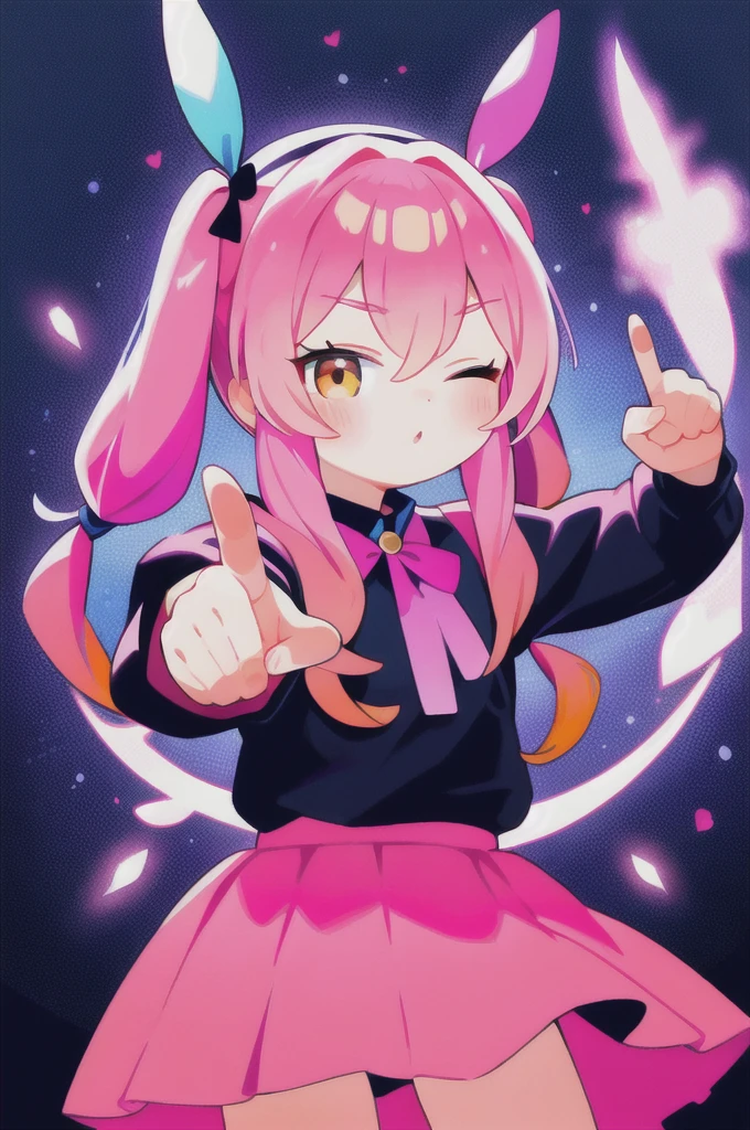 ((masterpiece)), ((Highest quality)), (High resolution),((Perfect composition)), 1girl, pretty girl, Girl in love, Twin tails, pink, (((Perfect hand shape))), Impersonating a gun with your index finger, ((Spirit Pose)), (((Fingers pointing towards the viewer))), One eye closed, Lips in the shape of a kiss,, Bullish expression, Colorful hearts on background, size, Pop Background, Looking into the distance, whole body, I&#39;m standing