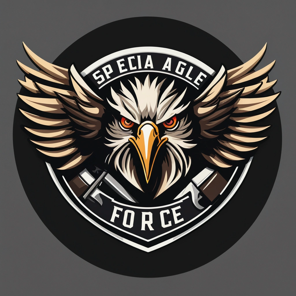 a close up of a logo with a bird on it, with an eagle emblem, eagle logo, shoulder patch design, patch logo design, white eagle icon, esports logo, age 2 0, logo vector art, patch design, masterpiece work of art, special forces, “hockey team logo, logo art, special forces security, eagle head, majestic symmetrical eagle wings