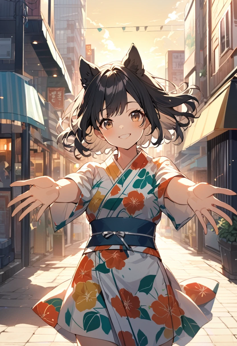 (morning), One Girl, alone, View your audience, summer,evening, Cowboy Shot, (Downtown), Cowboy Shot, smile, Black Hair,Floral Yukata,Dog Ears,Open your arms,smile,Black Hair,