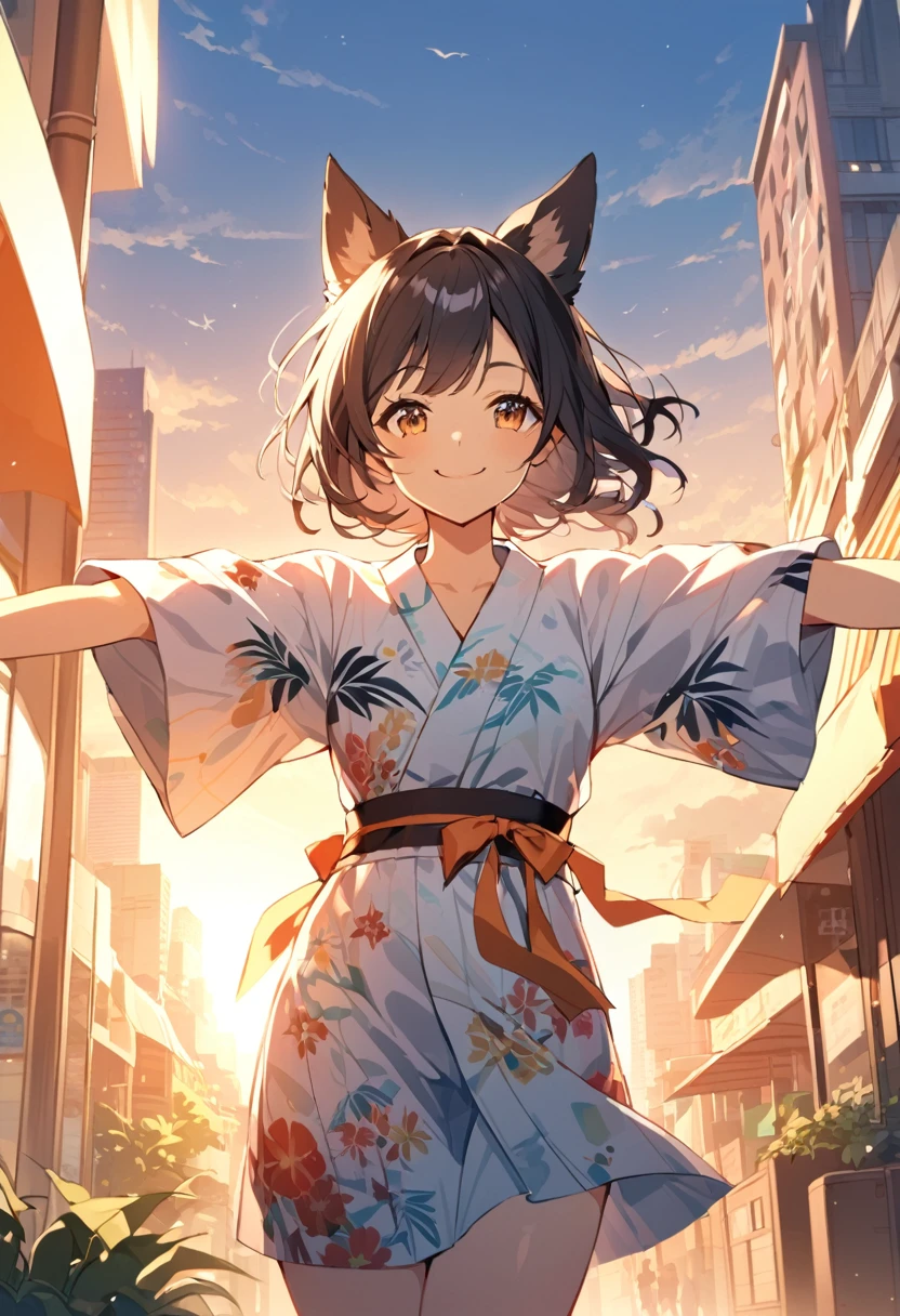 (morning), One Girl, alone, View your audience, summer,evening, Cowboy Shot, (Downtown), Cowboy Shot, smile, Black Hair,Floral Yukata,Dog Ears,Open your arms,smile,Black Hair,