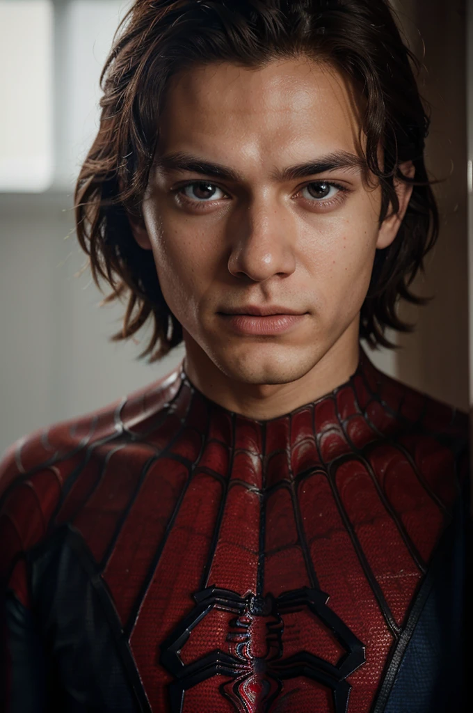 A photograph of spider man, no mask, 20 yo, handsome, detailed face, looking at camera, portrait, 8k uhd, high quality