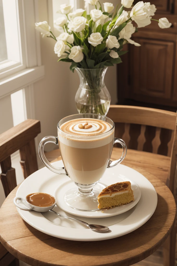 A beautiful breakfast table with a wonderful creamy cappuccino in a glass with a dulce de leche rim.