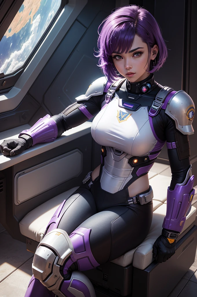 A beautiful, exuberant young warrior android, clone da deusa athena transformada em astronauta muito sensual e extremamente musculosa e halterofilista, wearing very short, purple hair, wearing cyberpunk battle clothes, exploring a mysterious planet in a sci-fi environment, sitting in the captain&#39;s chair in the control room of a powerful spaceship and using a large handwriting "a" in your uniform