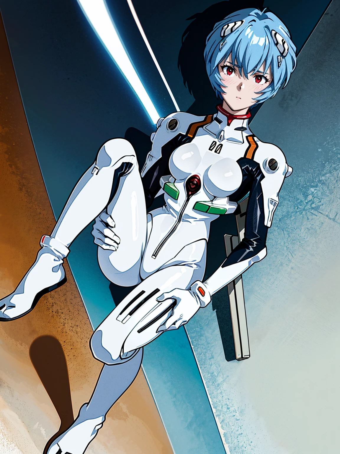 ((Highest quality, 8k wallpaper)),(masterpiece, Highest quality),Very detailed,High resolution,(Official Art:1.3),(((Anime screenshots,Black outline))),One girl,alone, Break mer1,(Rei Ayanami {Neon Genesis Evangelion,}1.2),masterpiece, best quality, outdoor, 1girl, Solo,red eyes,short hair,blue hair, (White plug suit, skintight:1.4), , (((knees together feet apart, holding own arms, bent legs:1.2))), (Covered in sweat, Mass sweat, Sweating profusely:1.1), 