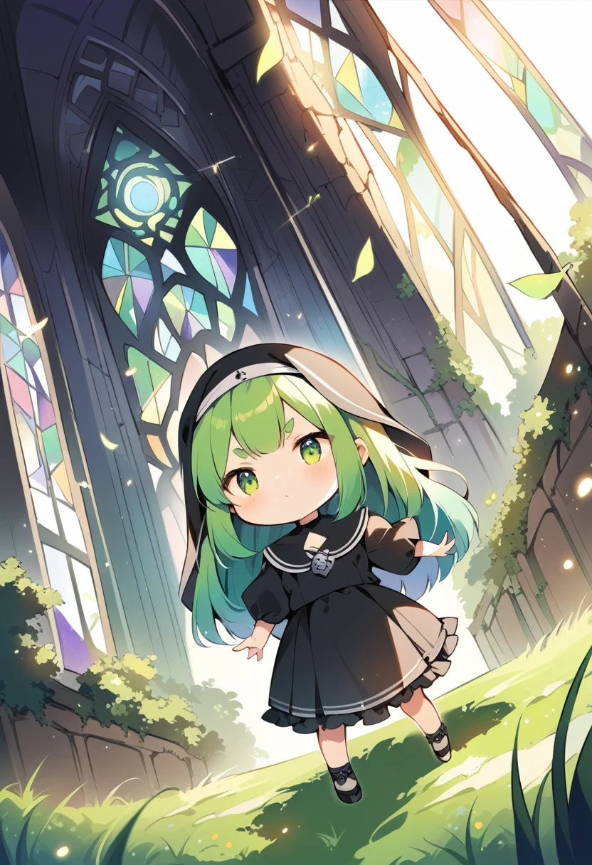 (:1.4),(little female child:1.4), cute face, 6 yeaii, (highlight on eyes:1.1), small breast, (jiggly:0.8), shiny skin,(mini girl:1.5),
BREAK
(green maro eyebrows:1.5), :<, (jitome:1.1),pouty and slightly grumpy,(medium green hair:1.2),pout,disgusted eyes, green eyes, puffy eyes,
BREAK
breathtalking Scenery, breathtalking Beauty, breathtalking Cute,scenery, (best quality, masterpiece:1.2), (ultra high quality:1.2),smooth soft skin, natural skin,watercolor,
BREAK
Dutch angle,(dynamicangle:1.3),Atrium structure,ceiling,dynamicpose,floral point black nun dress, nun veil,choker,excessive detailed collarbone,bare collarbone, long hem,wide shot,
BREAK
(stain glass inspired by leaf mark), (rose shaped stained glass),(music note effect fused with stained glass),(multi-layered grass shaped stained glass),(heart shaped Church windows),nature theme,stained glass leaf,(Multiple stained glass musical note),tiffany,dust particles,