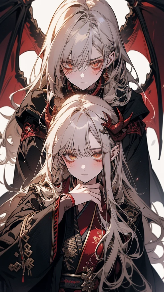 (Top resolution、Distinct_image)top-quality、A dragon girl 、​masterpiece、highly detailed, half body, Semi-realistic、yellow eyes 、18year old, silver hair,young 、Exquisite facial features、Facial features ,variation potrait, long  hairstyles, age, cool , cold sharp eyes, An expression of despair., lifeless eyes, blood on face, , {Very detailed 8k CG unit wallpaper}, Handsome, solo, female, vampires, dark cloak , loyalty ,Japanese kimono, have dragon horns, 
Sword, detailed eyes, beautiful eyes
