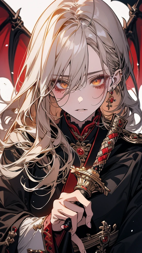 (Top resolution、Distinct_image)top-quality、A dragon girl 、masterpiece、highly detailed, half body, Semi-realistic、yellow eyes 、18year old, silver hair,young 、Exquisite facial features、Facial features ,variation potrait, long hairstyles, teenage, cool , cold sharp eyes, An expression of despair., lifeless eyes, blood on face, , {Very detailed 8k CG unit wallpaper}, Handsome, solo, female, vampires, dark cloak , loyalty ,Japanese kimono, have dragon horns,
Sword, detailed eyes, beautiful eyes
