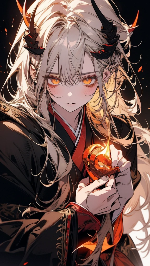 (Top resolution、Distinct_image)top-quality、A dragon girl 、​masterpiece、highly detailed, half body, Semi-realistic、yellow eyes 、18year old, silver hair,young 、Exquisite facial features、Facial features ,variation potrait, long  hairstyles, teenage, cool , cold sharp eyes, An expression of despair., lifeless eyes, blood on face, , {Very detailed 8k CG unit wallpaper}, Handsome, solo, female, vampires, dark cloak , loyalty ,Japanese kimono, have dragon horns, 
Sword, detailed eyes, beautiful eyes