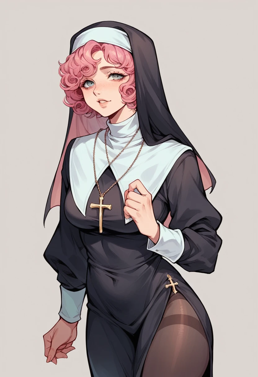girl pink hair curly,black type A cut,nun hat,nun costume shirt,black pantyhose.