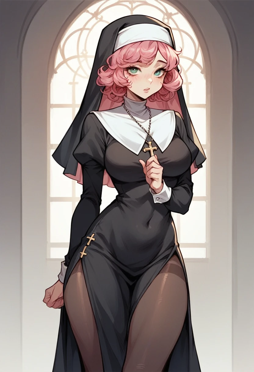 girl pink hair curly,black type A cut,nun hat,nun costume shirt,black pantyhose.