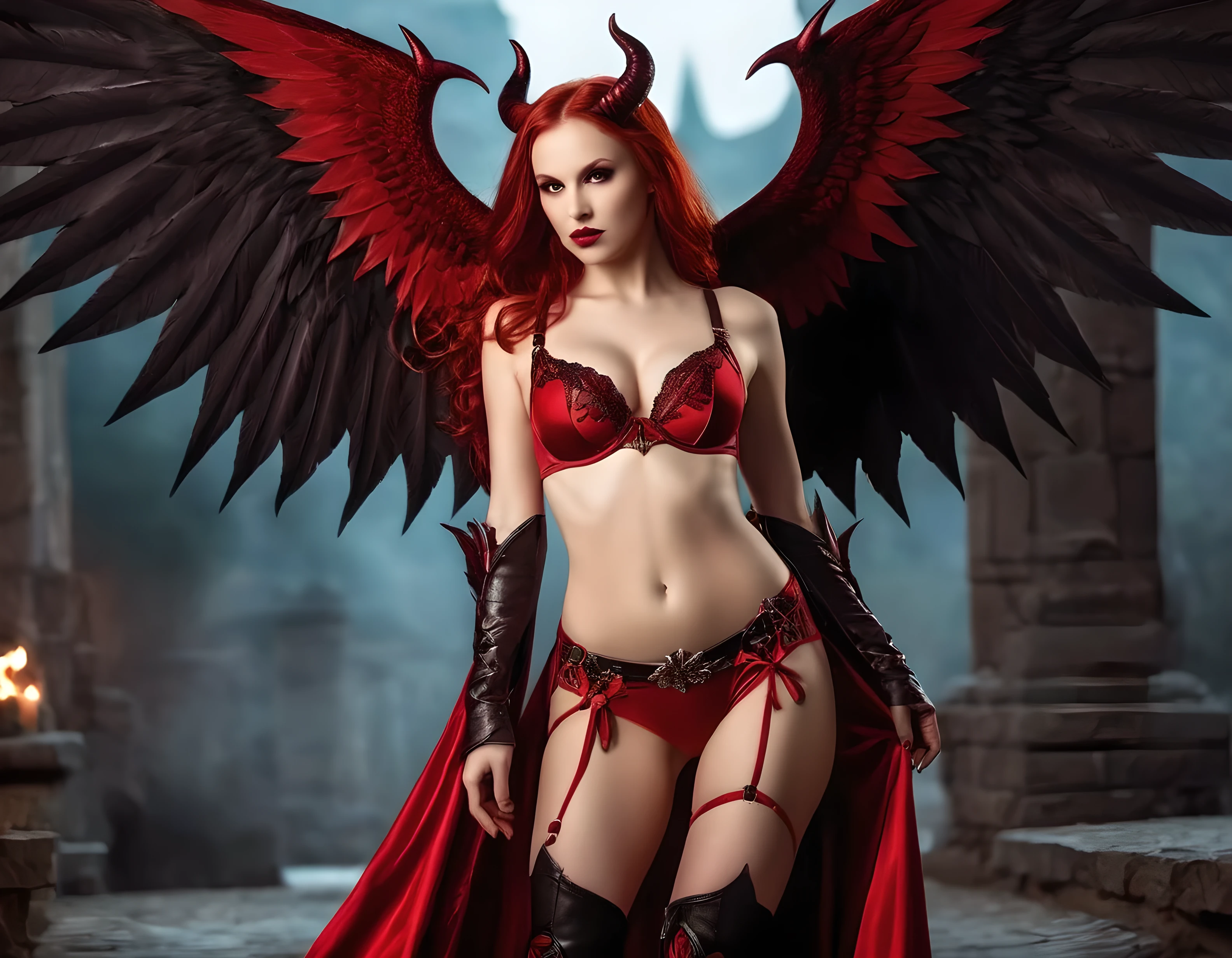 arafed woman in a red lingerie with wings and a bra, beautiful succubus, succubus | medieval, succubus, diablo 4 lilith, succubus in tight short dress, cinematic goddess body shot, raven winged female vampire, epic fantasy art style hd, beautiful sorceress, fantasy woman, redhead queen in heavy red armor, a beautiful sorceress