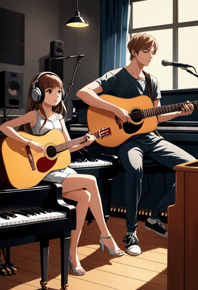 Cute girl with piano and boy with guitar sitting in music studio for singing. 