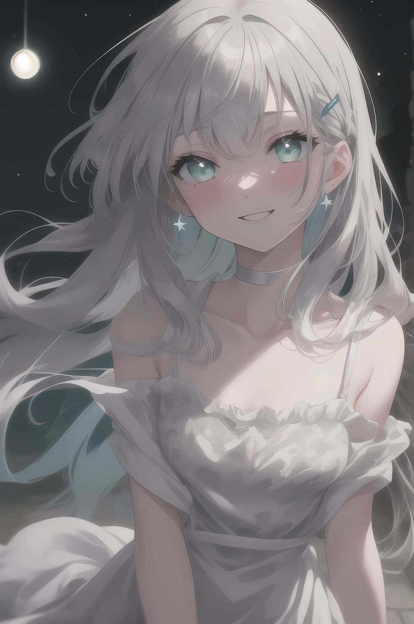 (masterpiece, best quality), hyperdetailed, clean lines, one girl,15 years old, blush, ash_hair, (silver_hair:1.3), thin hair clip, cyan colorshift eyes, expressive eyes, collarbone, smile, night, stars, green princess dress, wariza