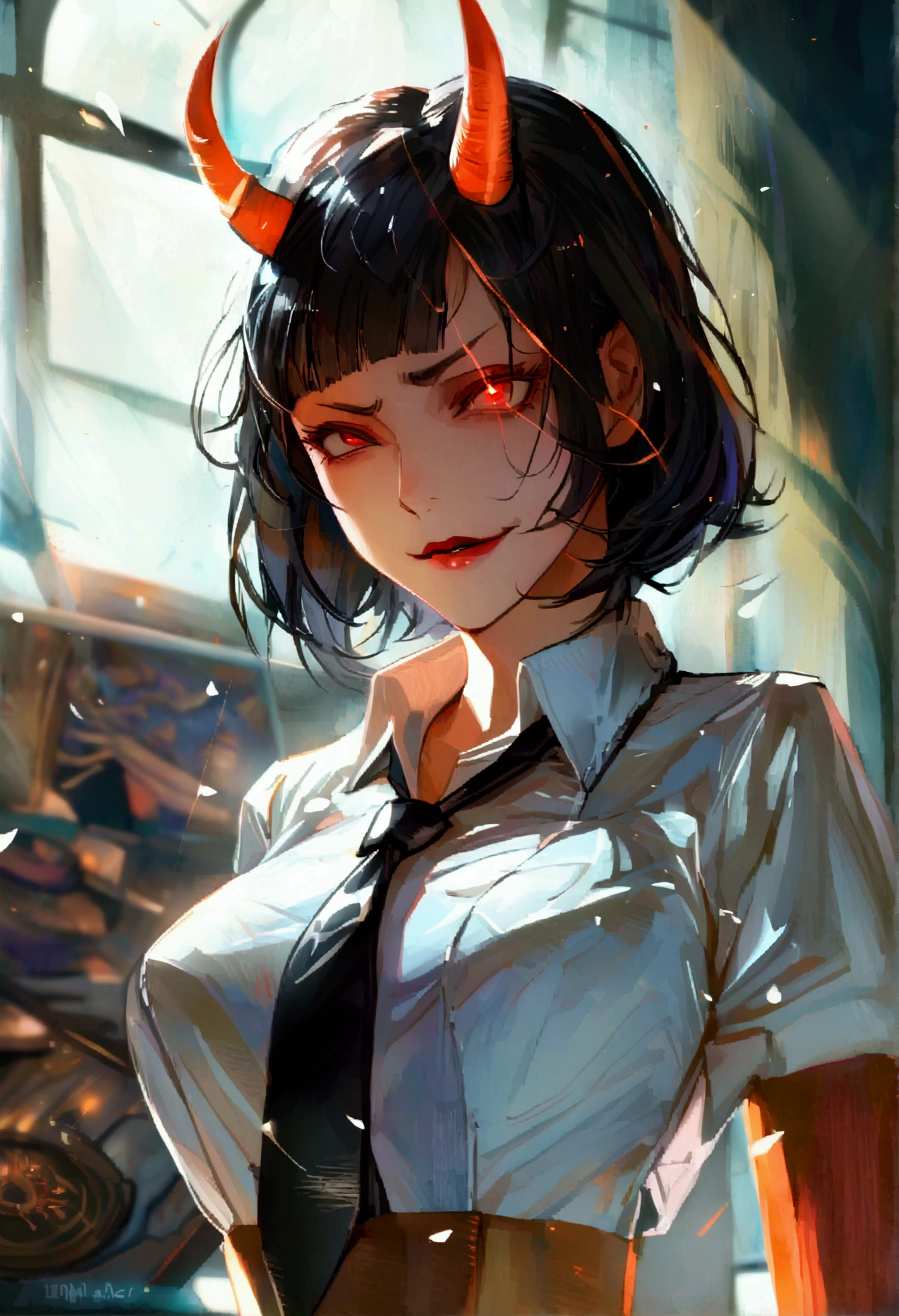 Juri Han, work of art, fitted white secretary shirt with black tie, very short black skirt, skirt short,sock, Bblack hair, socks pretas,Evil smile,tabletop,bangs on the eyes,Lighting,hair horn,from above view,staring overhead