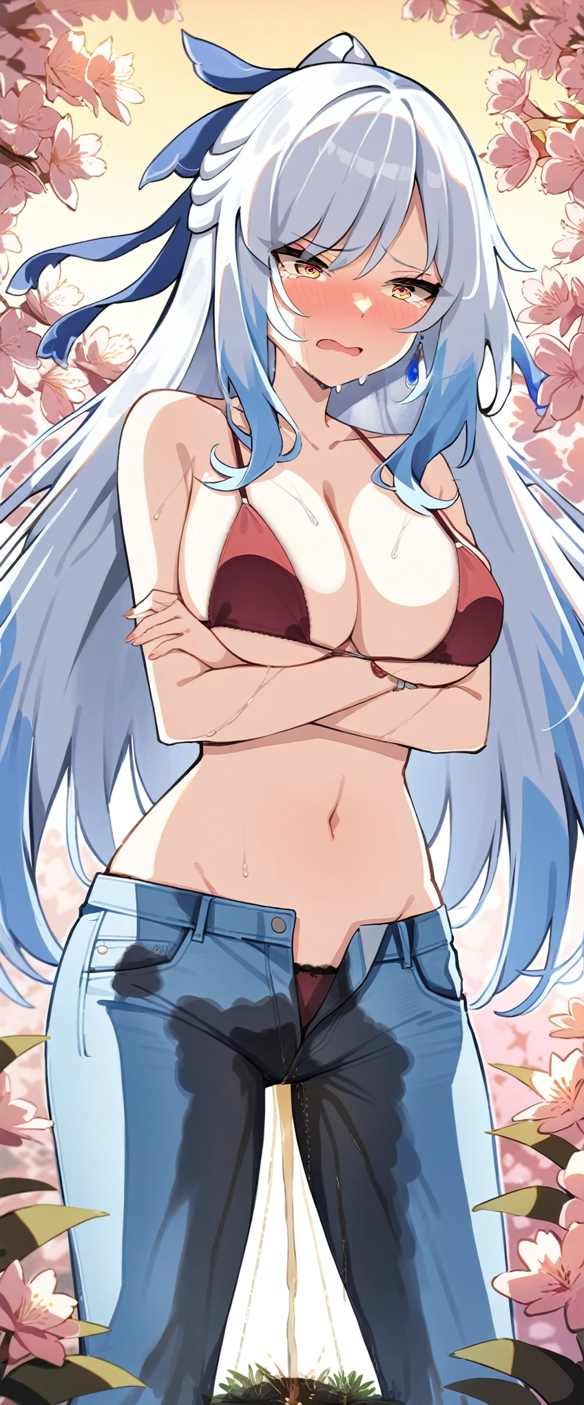 (masterpiece:1.37), best quality, (extremely detailed:1.37), (1girl:1.5), woman, (mature:1.5), (adult:1.5), jingliu, white hair, long hair, ponytail, hair ribbon, red eyes, earrings, jewelry, (jeans:1.25), (extremely detailed eyes:1.37), (wetting self:1.75), embarrassed, humiliation, blushing, angry, tears, sweat, sweating, shaking, trembling, cherry blossoms, garden, (golden hour:1.5), full body, (arms crossed:1.5), open fly, panty peek, groin, mound of Venus, navel