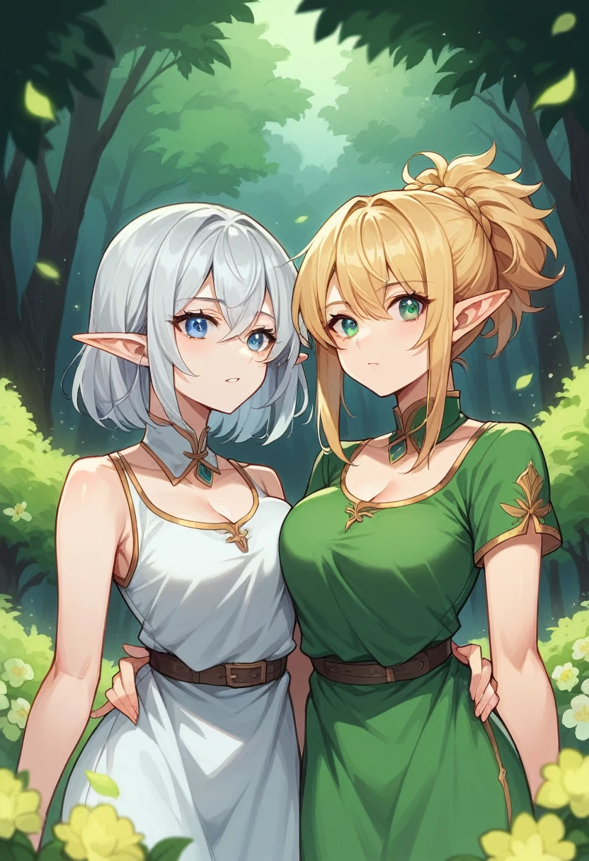 (8k, super details, award winning, high res), anime illustration, two elf girls. One with long silver hair, green eyes. The other with short golden hair, blue eyes, in a green tunic. Set in a magical forest with glowing flowers and ancient trees.