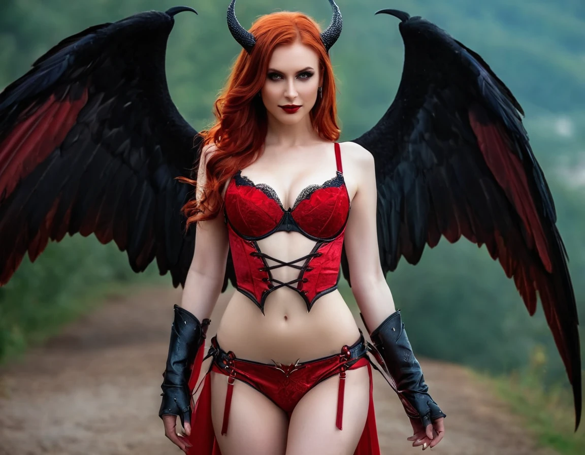 arafed woman in a red lingerie with wings and a bra, beautiful succubus, succubus | medieval, succubus, diablo 4 lilith, succubus in tight short dress, cinematic goddess body shot, raven winged female vampire, epic fantasy art style hd, beautiful sorceress, fantasy woman, redhead queen in heavy red armor, a beautiful sorceress