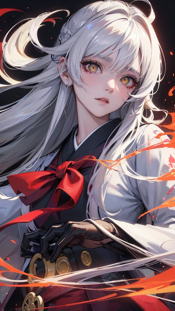 (Top resolution、Distinct_image)top-quality、A Japanese dragon girl 、​masterpiece、highly detailed, half body, Semi-realistic、yellow eyes 、18year old, white hair,young 、Exquisite facial features、Facial features ,variation potrait, long  hairstyles, teenage, cool , cold sharp eyes, An expression of despair., lifeless eyes, blood on face, , {Very detailed 8k CG unit wallpaper}, Handsome, solo, female, vampires, dark cloak , loyalty ,Japanese kimono, have dragon horns, 
Sword, detailed eyes, beautiful eyes