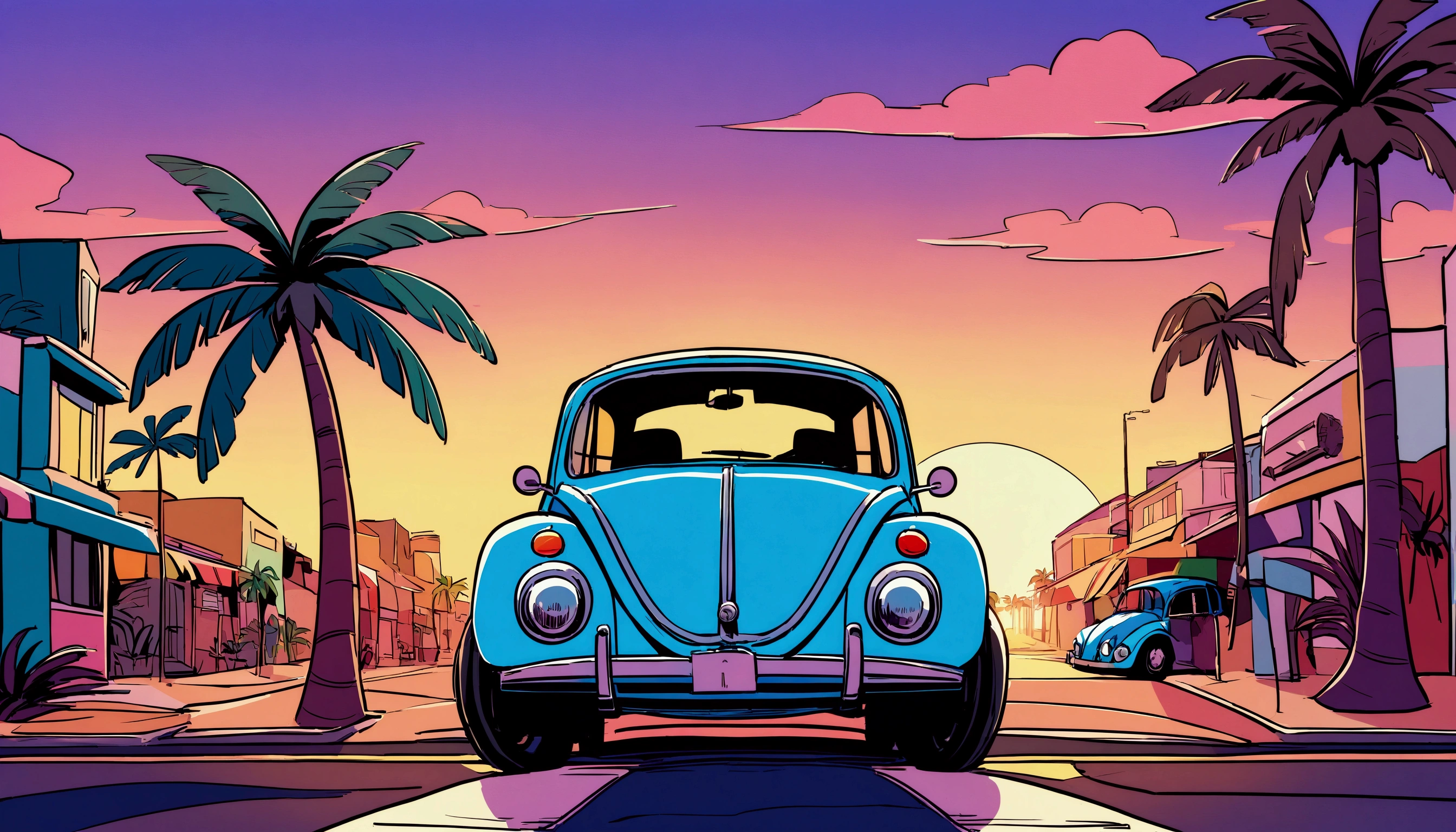 ((Sticker design)), Volkswagen Type 1 beetle, Sunset background, Palm tree, Layers with 5 colors, Corner Street, Belek's Drums, Plethean,