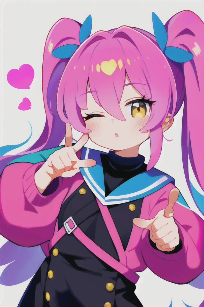 ((masterpiece)), ((Highest quality)), (High resolution),((Perfect composition)), 1girl, pretty girl, Girl in love, Twin tails, pink, (((Perfect hand shape))), Impersonating a gun with your index finger, ((Spirit Pose)), (((Fingers pointing towards the viewer, Heart effect on your fingertips))), One eye closed, Lips in the shape of a kiss,, Bullish expression, Colorful hearts on background, size, Pop Background, Looking into the distance, whole body, I&#39;m standing