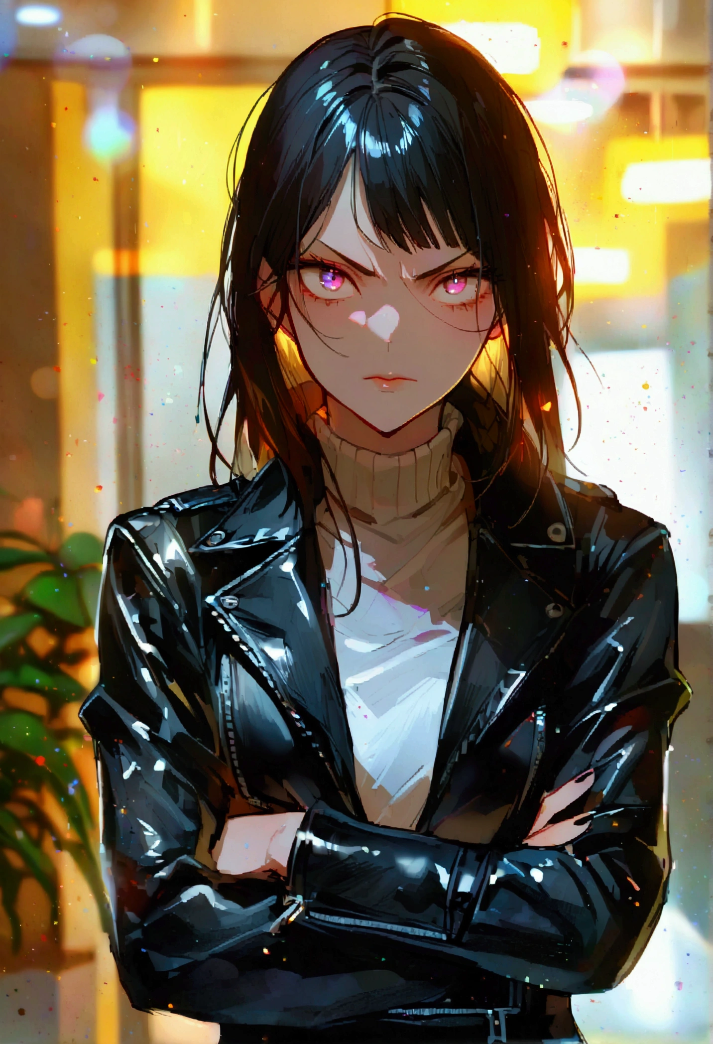 Juri Han,beautiful young warrior , with a very detailed and beautiful face, gorgeous eyes, gorgeous eyes, gorgeous face, beautiful young woman wearing long black leggings with black details, usando leather jacket preta, standing in an office, wearing black boots, horn hair, with black fringe, , sorriso Malignant ,white sweater with strap around, serious look,usando leather jacket preto, leather jacket,staring overhead,yellow lighting, Malignant,crossed arms