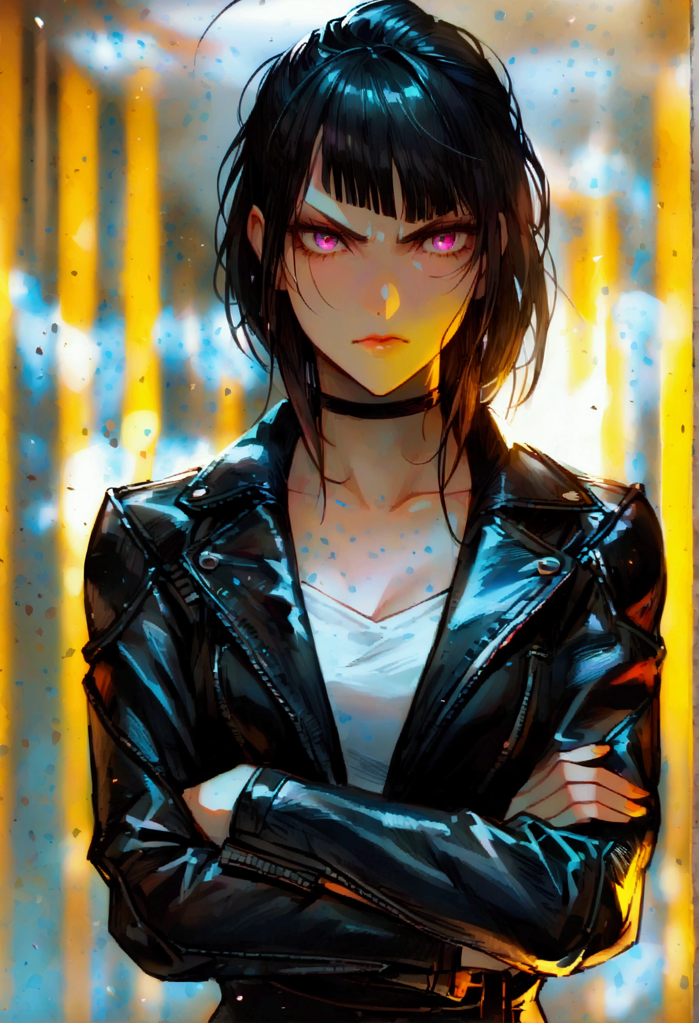 Juri Han,beautiful young warrior , with a very detailed and beautiful face, gorgeous eyes, gorgeous eyes, gorgeous face, beautiful young woman wearing long black leggings with black details, usando leather jacket preta, standing in an office, wearing black boots, horn hair, with black fringe, , sorriso Malignant ,white sweater with strap around, serious look,usando leather jacket preto, leather jacket,staring overhead,yellow lighting, Malignant,crossed arms