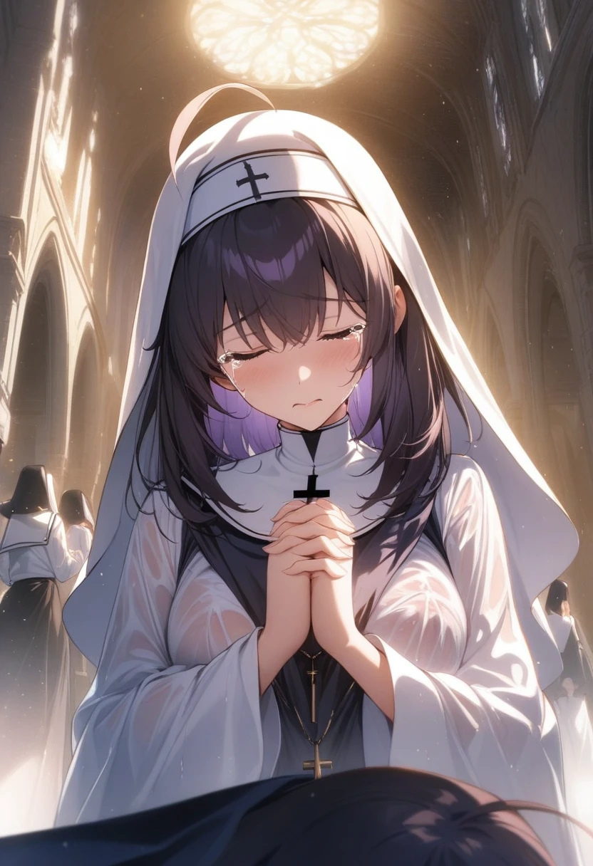 masterpiece, best quality, very aesthetic, absurdres, 1girl, mature_lady,nun_clothes,black_and_white_clothes, nun_headcovering crucifix, praying, interlocked fingers,closed_eyes,tears_in_eyes, head down,holy_light ,bathed in divine light,,maple(bofuri),bofuri, 1girl, medium hair, ahoge, purple eyes, hair ornament,,in school, in college,floating_clothes,wet_clothes