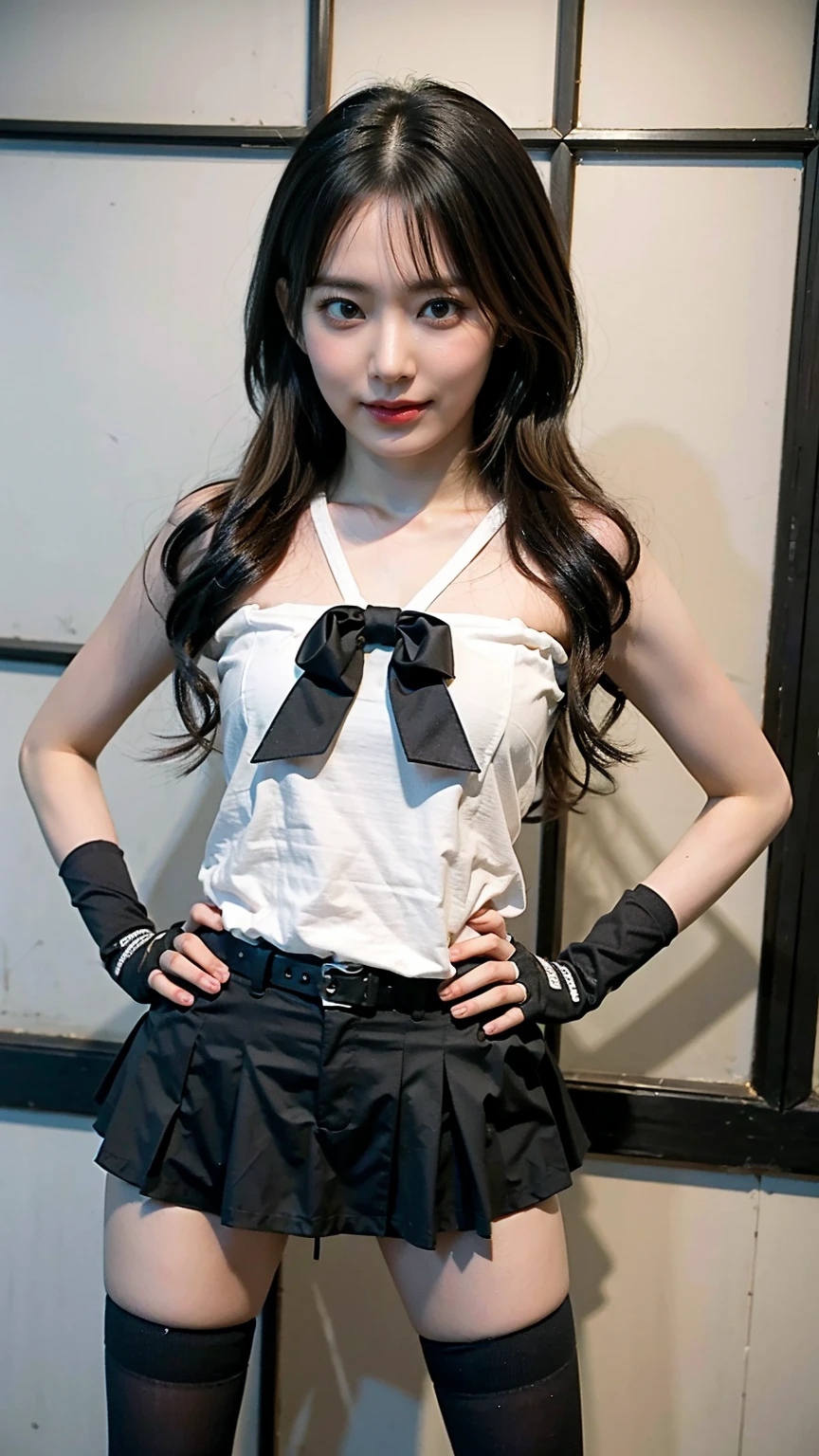 (8k、RAW Photos、Highest quality、masterpiece:1.2)、(Highest quality、Realistic)、1 Girl、((blackいmini skirt、Off the shoulder、Blonde、ガーターbelt、Arm Coverini skirt、black、tights、Gloves、belt、ribbon、Thin legs、whole body、boots、City of night、View from the front、Looking into the camera、Stand with hands on hips))、cute
