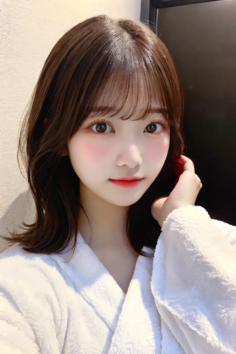 8K highest quality、（beautiful）、woman、Brown Hair、21 years old、Semi-short hair、No makeup、Fine skin、Brown eyes、Embarrassed、bed、White bathrobe