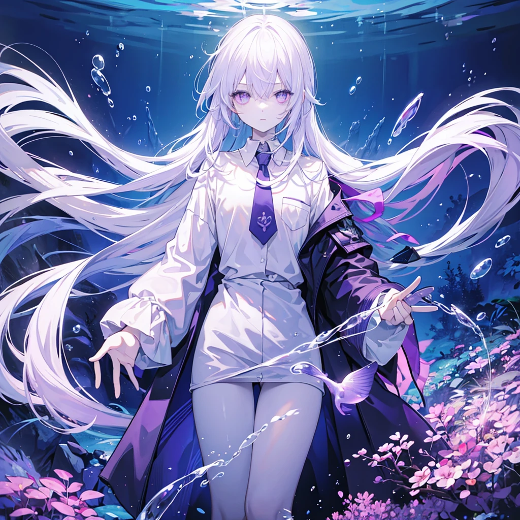 A male, human body, fish tail, light purple fish tail, long white hair, light purple eyes, eyes slightly open, slender man, thin, underwater.