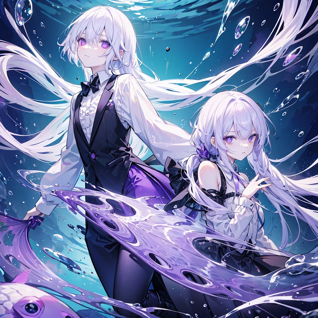 A male, human body, fish tail, light purple fish tail, long white hair, light purple eyes, eyes slightly open, slender man, thin, underwater.