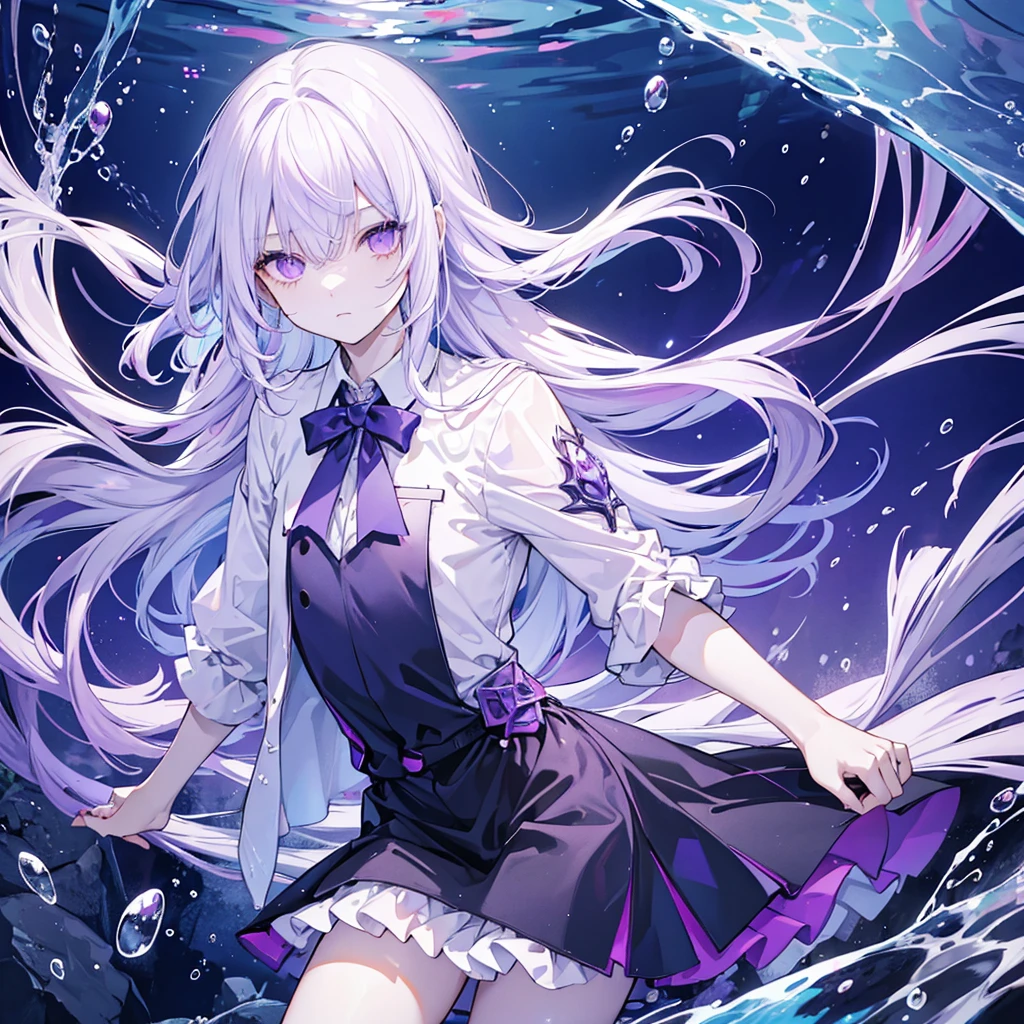 A male, human body, fish tail, light purple fish tail, long white hair, light purple eyes, eyes slightly open, slender man, thin, underwater.