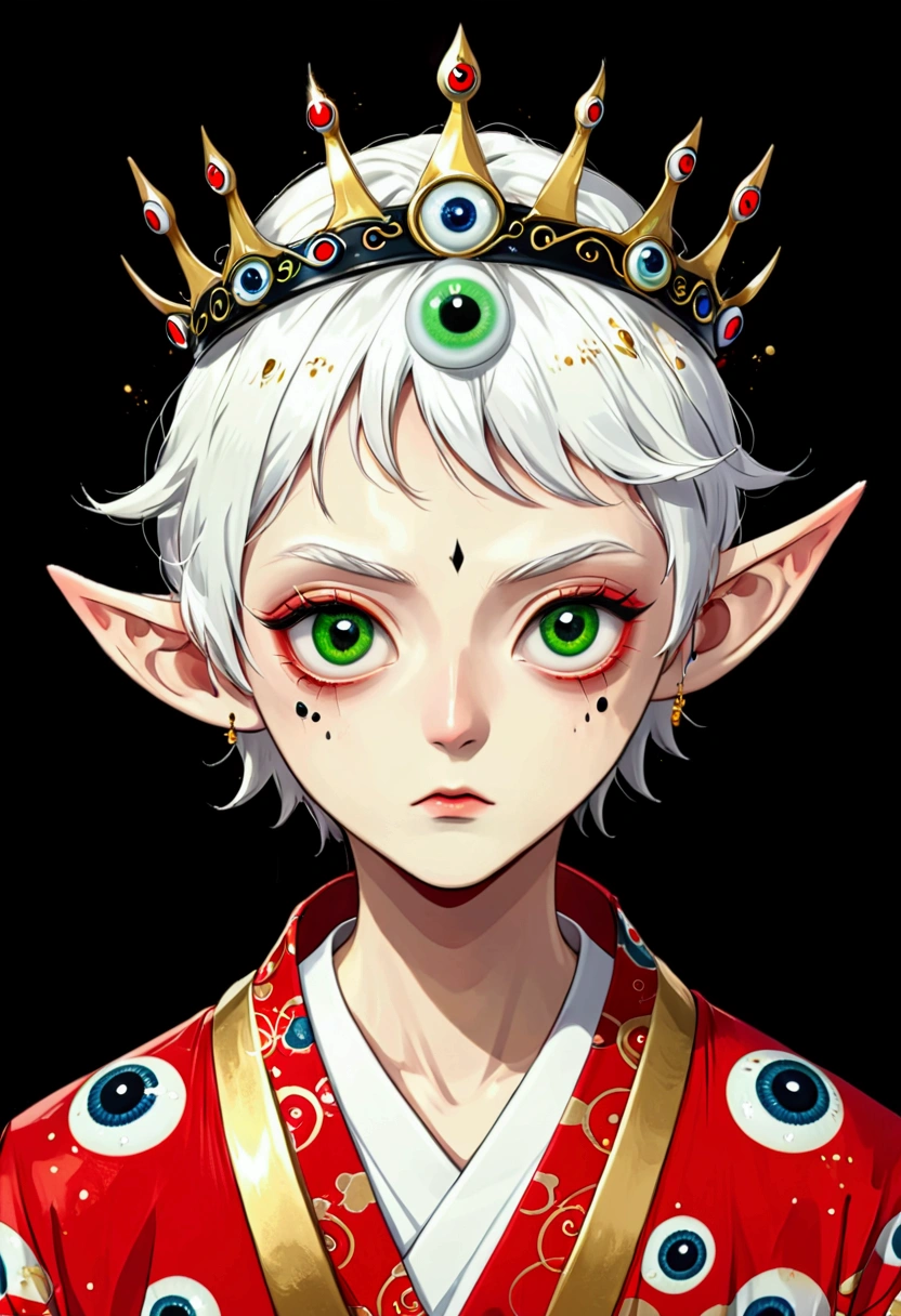 Japanese Anime,Second Dimension,Horror style,horror character,(((Three-eyed boy,third eye on the forehead:1.1.Dark eyeshadow,White short hair,Elf ears,Exaggerated golden crown-eyeball decoration))),(((Gorgeous Japanese red kimono,Eye pattern,Dark Pattern))).(((Thin waist,Green belt:1.6))).(((Katana in hand))),Black background blur