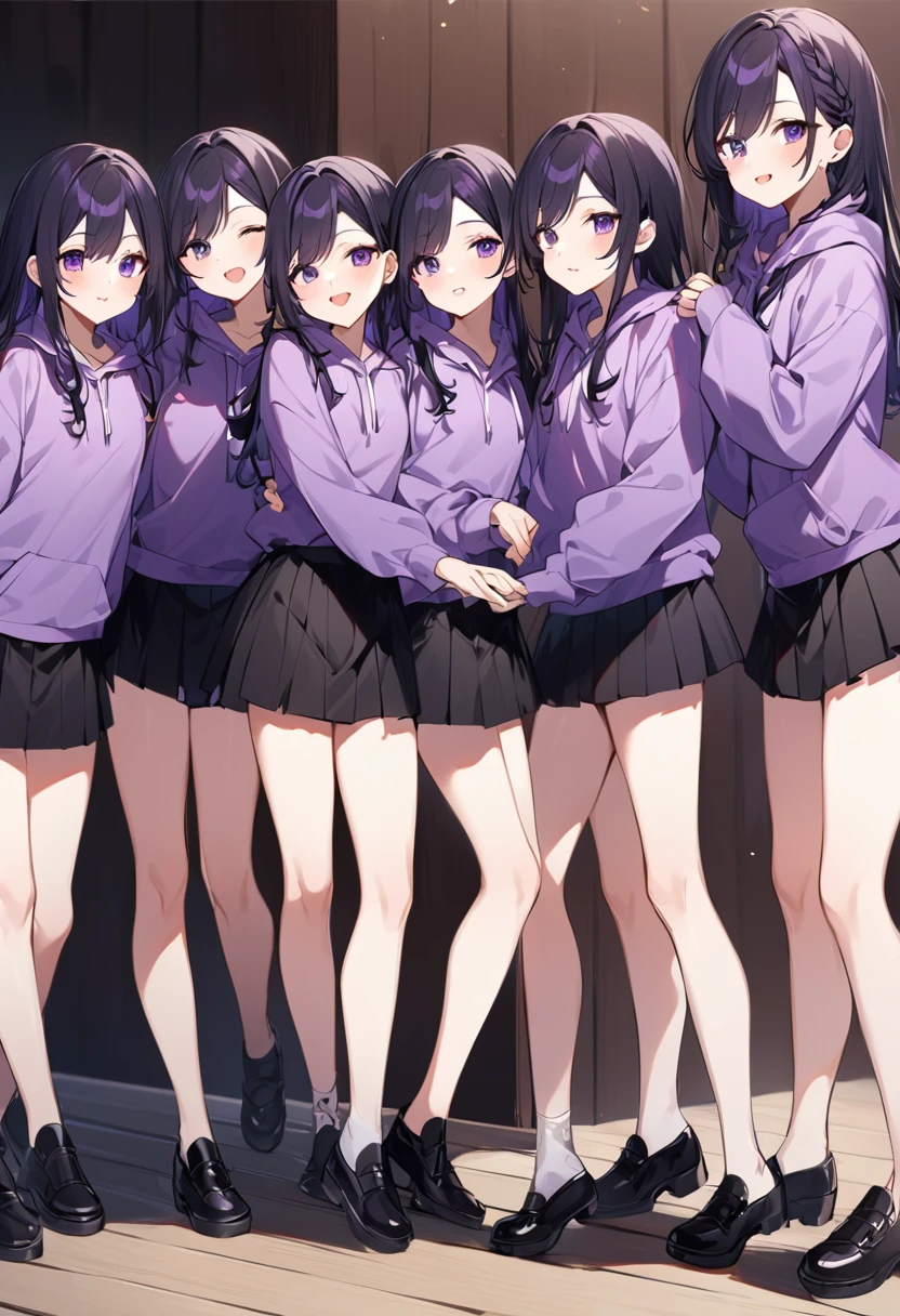 Keito。Purple hoodie。Black Skirt。Purple Eyes。Black Hair。Black shoes下。Black shoes。six sistery eldest daughter has lavender hair.。all female。Sextuplets。