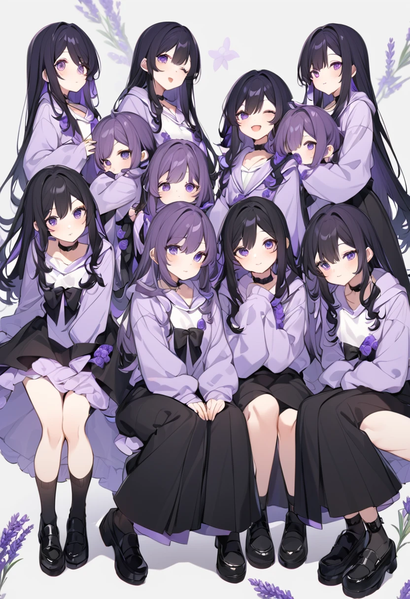 Keito。Purple hoodie。Black Skirt。Purple Eyes。Black Hair。Black shoes下。Black shoes。six sistery eldest daughter has lavender hair.。all female。Sextuplets。