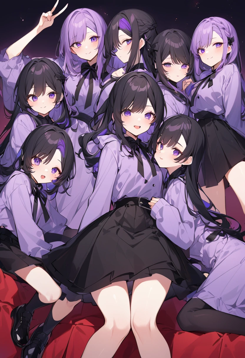 Keito。Purple hoodie。Black Skirt。Purple Eyes。Black Hair。Black shoes下。Black shoes。six sistery eldest daughter has lavender hair.。all female。Sextuplets。