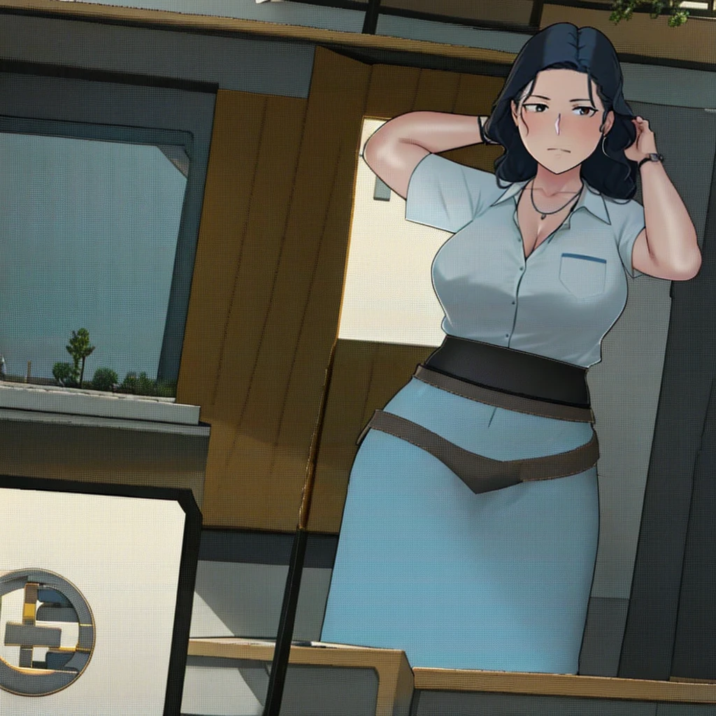 NTRman, masterpiece, best quality, 1girl, alternate costume, arms behind head, arms up, black skirt, blue hair, breasts, brown eyes, buttons, closed mouth, collared shirt, contemporary, cowboy shot, dress shirt, expressionless, hair over shoulder, hairband, high-waist skirt, large breasts, long hair, looking at viewer, necklace, office lady, pencil skirt, plant, potted plant, shirt, shirt tucked in, skindentation, skirt, solo, thigh strap, thighs, watch, white shirt, wristwatch