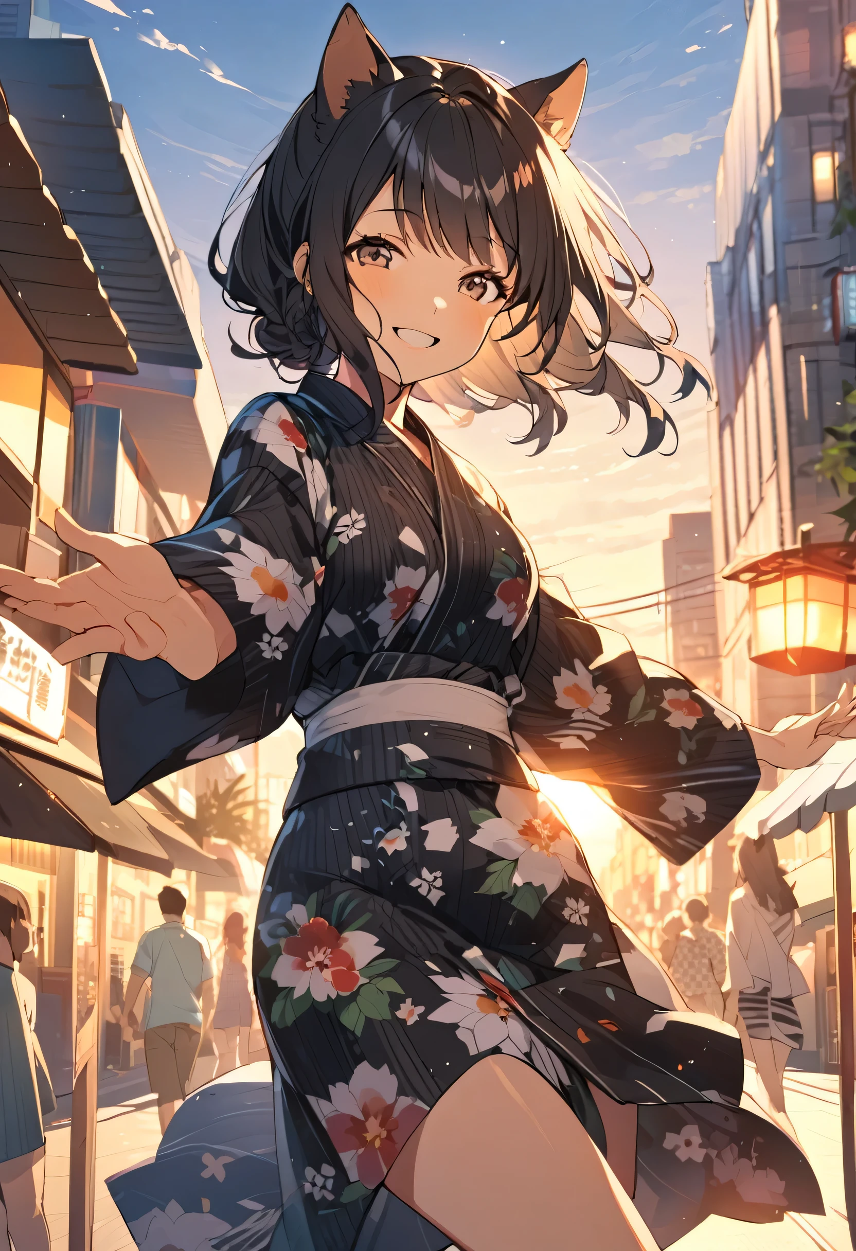(morning), One Girl, alone, View your audience, summer,evening, Cowboy Shot, (Downtown), Cowboy Shot, smile, Black Hair,Floral Yukata,Dog Ears,Open your arms,smile,Black Hair,