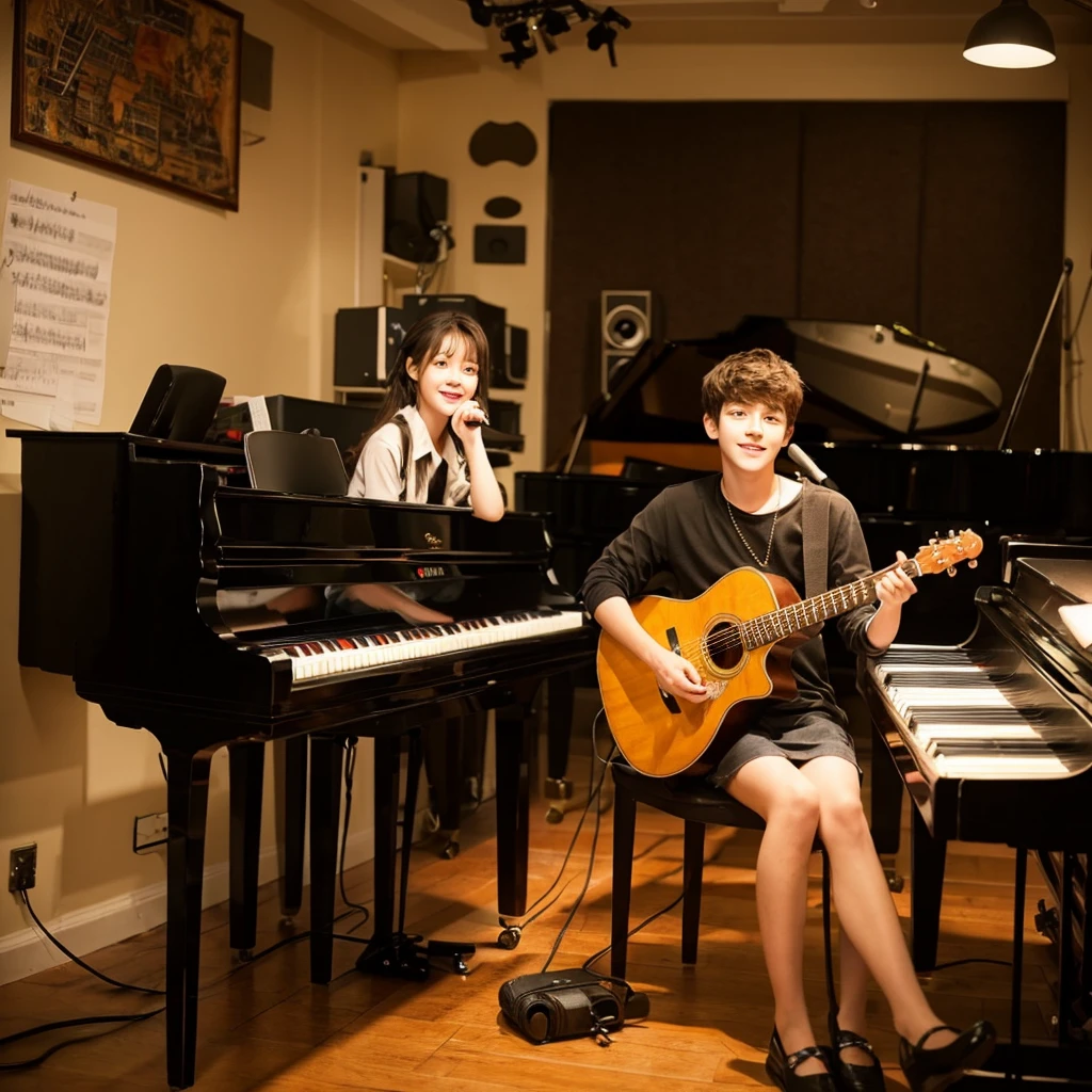 Cute girl with piano and boy with guitar sitting in music studio for singing. 