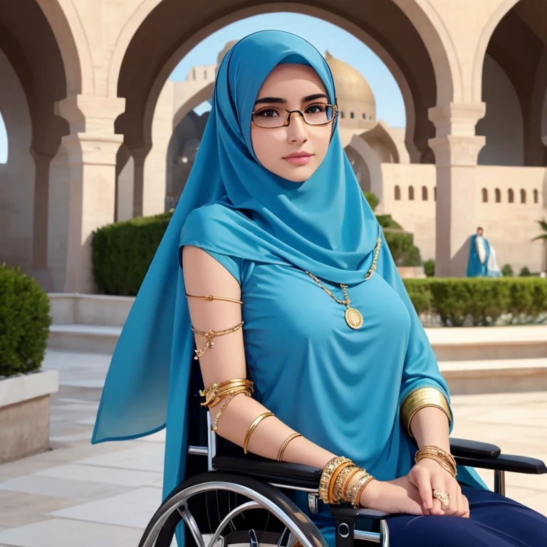 A beautiful high school glasses Arabian s old girl model, white skin, sharp nose, thin lips, circle face, skinny hands, skinny legs, tight bra, huge breast, off shoulder, wear hijab, arm sleeve, golden bangles, bracelets, necklaces, swiss polo watch, sitting on the wheelchair, Christ the redeemer as the background, detailed squinting eyes, detailed horny face
