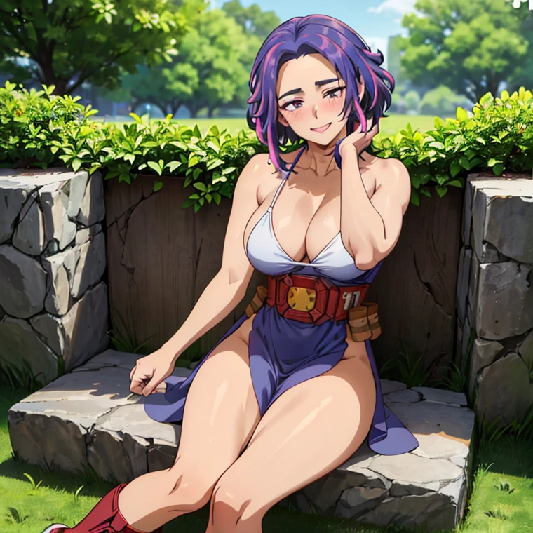 1girl, alone, lady nagant,(best quality, ultra detailed), ((full-face blush)), (detailed background:1.2), (perfect face, detailed face), looking at viewer, (mature female:1.4), smile lady_nagant, large breasts, short hair, sleeveless, streaked hair, bare shoulders, medium hair, belt, dress, purple hair,multicolored hair ,boots (garden, outdoors, sitting), perfect hands, perfect anatomy ((en bikini de color blanco "se resalte  las tetas" y  toda mojada)), *(("cara de excitada sacando la lengua" ))* (("en bikini ")) ((las piernas abiertas a en pose sexy en bikini))(( "sin falda" )) (("mostrando las bragas")) ((pose sexy mostrando sus  atributos)) ((las piernas abiertas viendo para la cámara mostrando sus bragas)), (("cara sexy sacando la lengua ")) piernas abiertas  , comiendo helado 