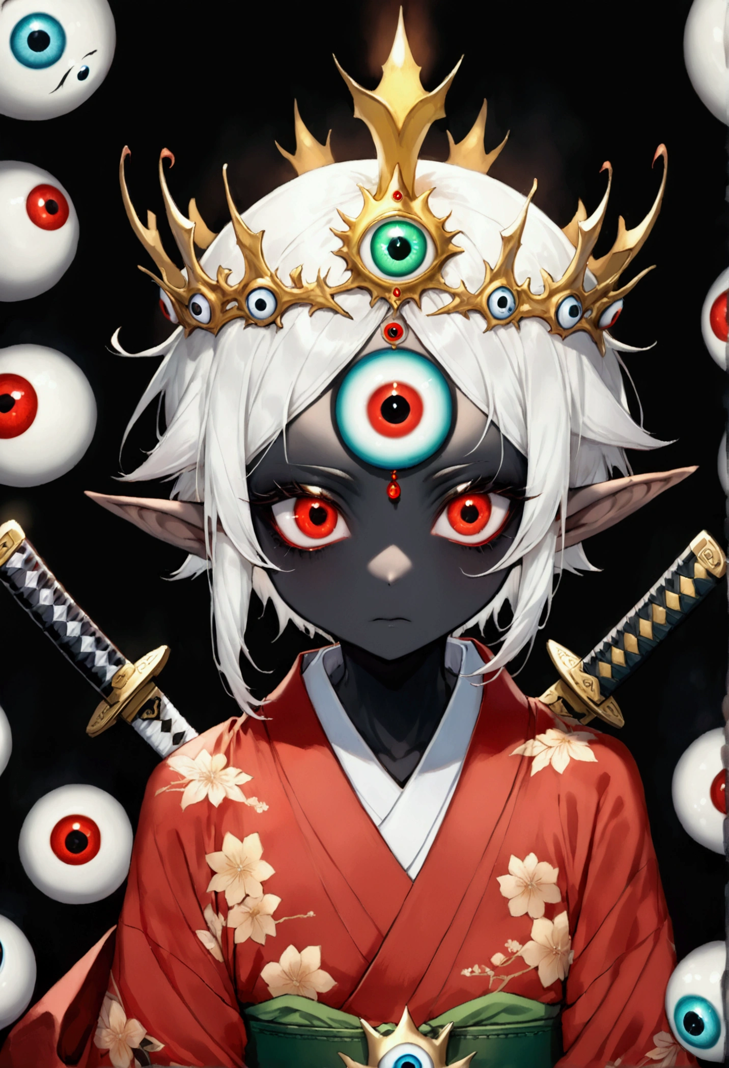 Japanese Anime，Second Dimension，Horror style，horror character，(((Three-eyed boy，third eye on the forehead:1.1.Dark eyeshadow，White short hair，Elf ears，Exaggerated golden crown-eyeball decoration))),(((Gorgeous Japanese red kimono，Eye pattern，Dark Pattern))).(((Thin waist，Green belt：1.6))).(((Katana in hand)))，Black background blur
