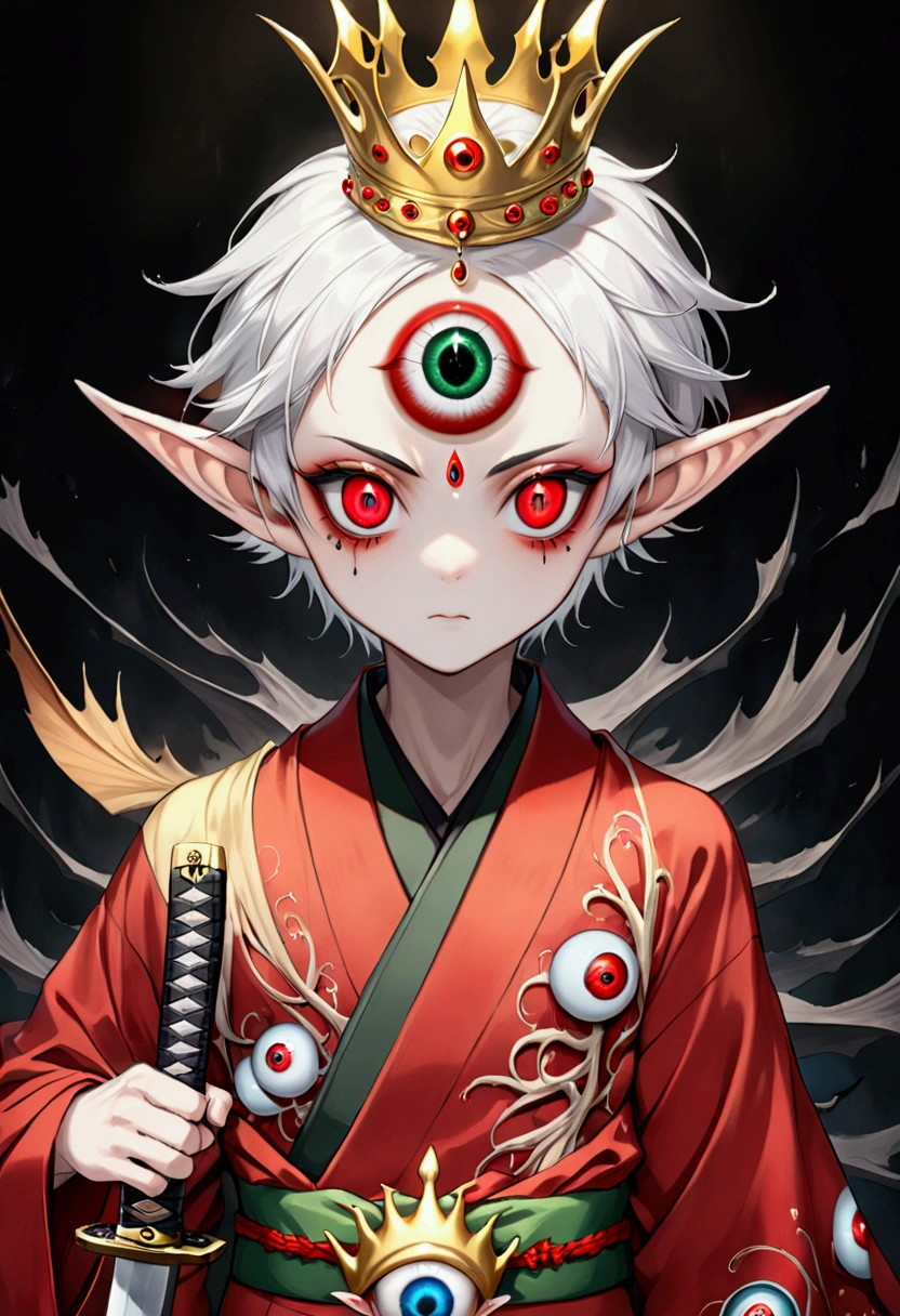 Japanese Anime，Second Dimension，Horror style，horror character，(((Three-eyed boy，third eye on the forehead:1.1.Dark eyeshadow，White short hair，Elf ears，Exaggerated golden crown-eyeball decoration))),(((Gorgeous Japanese red kimono，Eye pattern，Dark Pattern))).(((Thin waist，Green belt：1.6))).(((Katana in hand)))，Black background blur
