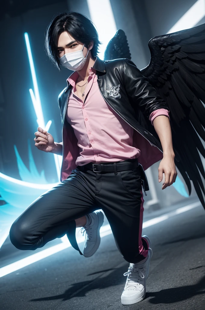 Free fire male character with a mask on his face and pants with wings design and black hair and white shoes and eyes with pink rays and dark blue blouse 