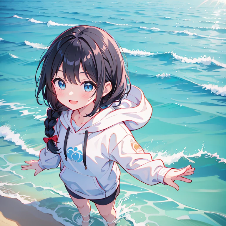 Black Hair Girl,Braid,Look up at the sky,building,whole,Looking down from above,hoodie,柔和なsmile,stare,delicate design, かわいいwater着, young, sound, summer, Ocean, Sandy Beach, water Play, seems to be happy, smile, blue sky, Light of the sun, 清water, Bright colors, water&#39;Edge, Vivid eyes, boost mood, Soft light and shadow,boat,Swim ring,,Seductive body lines