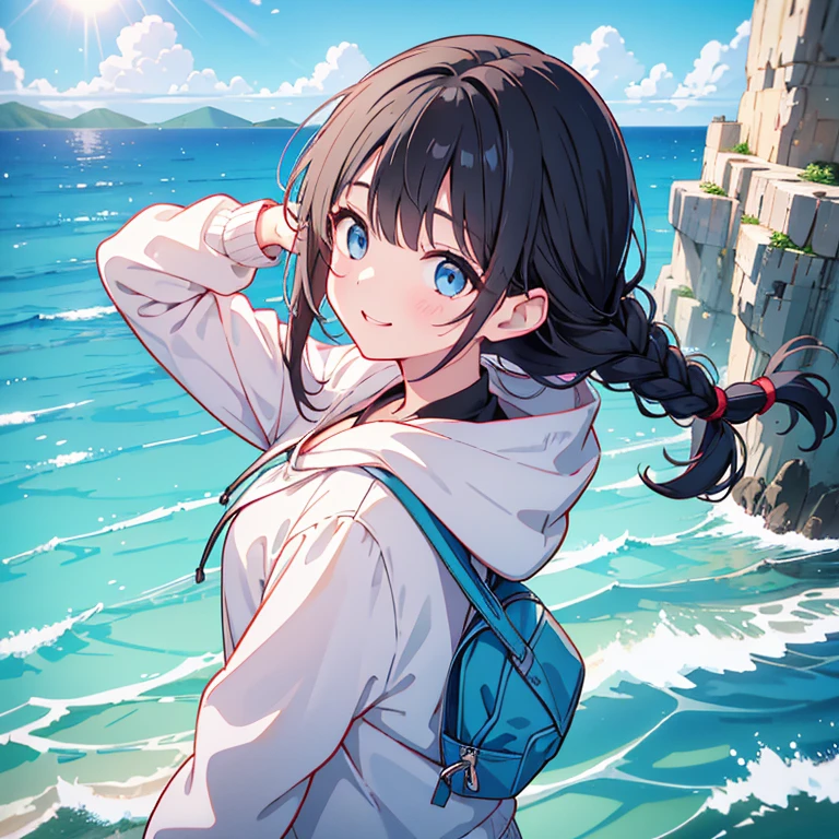 Black Hair Girl,Braid,Look up at the sky,building,whole,Looking down from above,hoodie,柔和なsmile,stare,delicate design, かわいいwater着, young, sound, summer, Ocean, Sandy Beach, water Play, seems to be happy, smile, blue sky, Light of the sun, 清water, Bright colors, water&#39;Edge, Vivid eyes, boost mood, Soft light and shadow,boat,Swim ring,,Seductive body lines