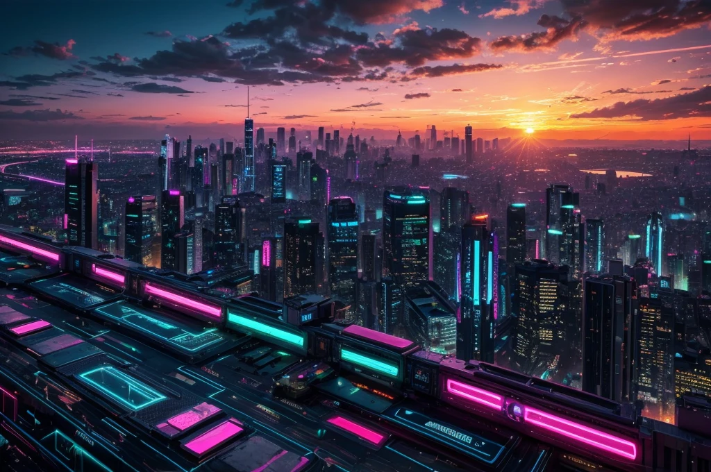 create a background image that conveys the appearance of a cyberpunk city, with vivid neon colors and blue LED, Pink, Unripe, warm colours, along with a sunset, view from an apartment