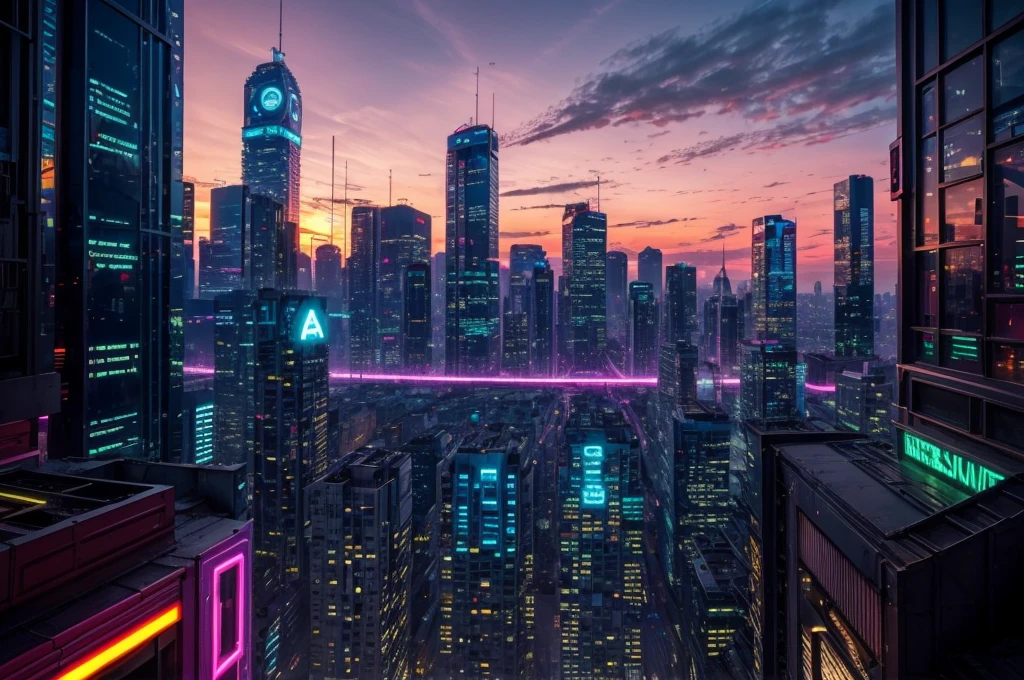 create a background image that conveys the appearance of a cyberpunk city, with vivid neon colors and blue LED, Pink, Unripe, warm colours, along with a sunset, view from an apartment