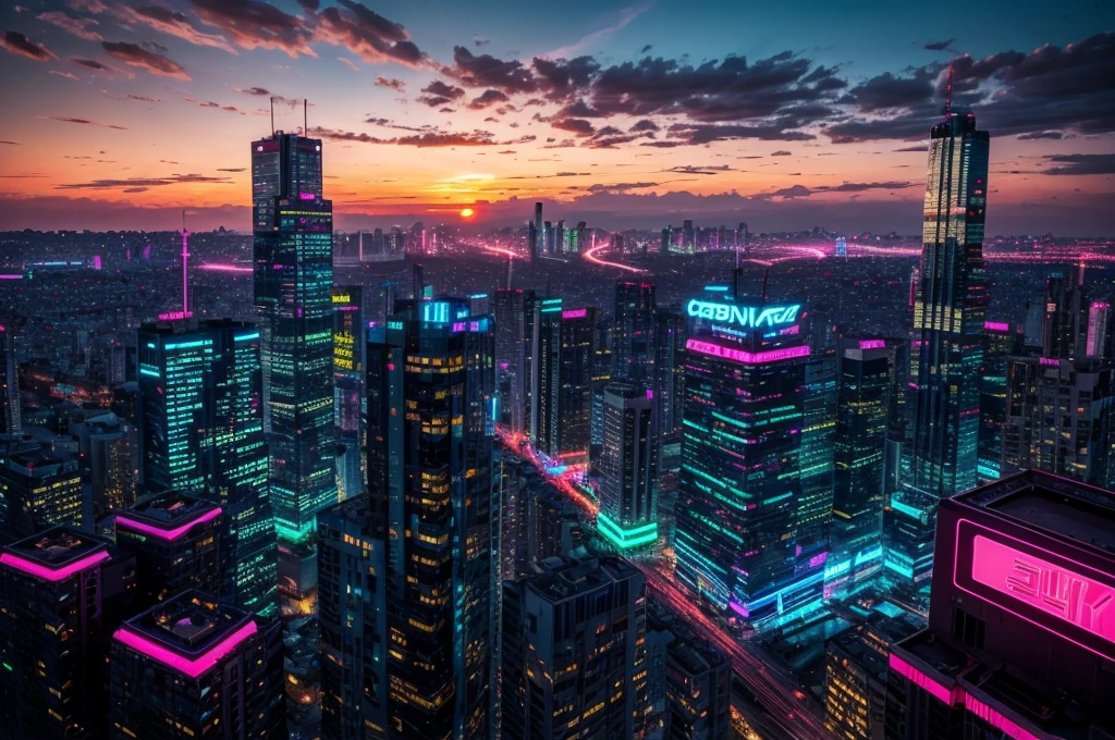 create a background image that conveys the appearance of a cyberpunk city, with vivid neon colors and blue LED, Pink, Unripe, warm colours, along with a sunset, view from an apartment