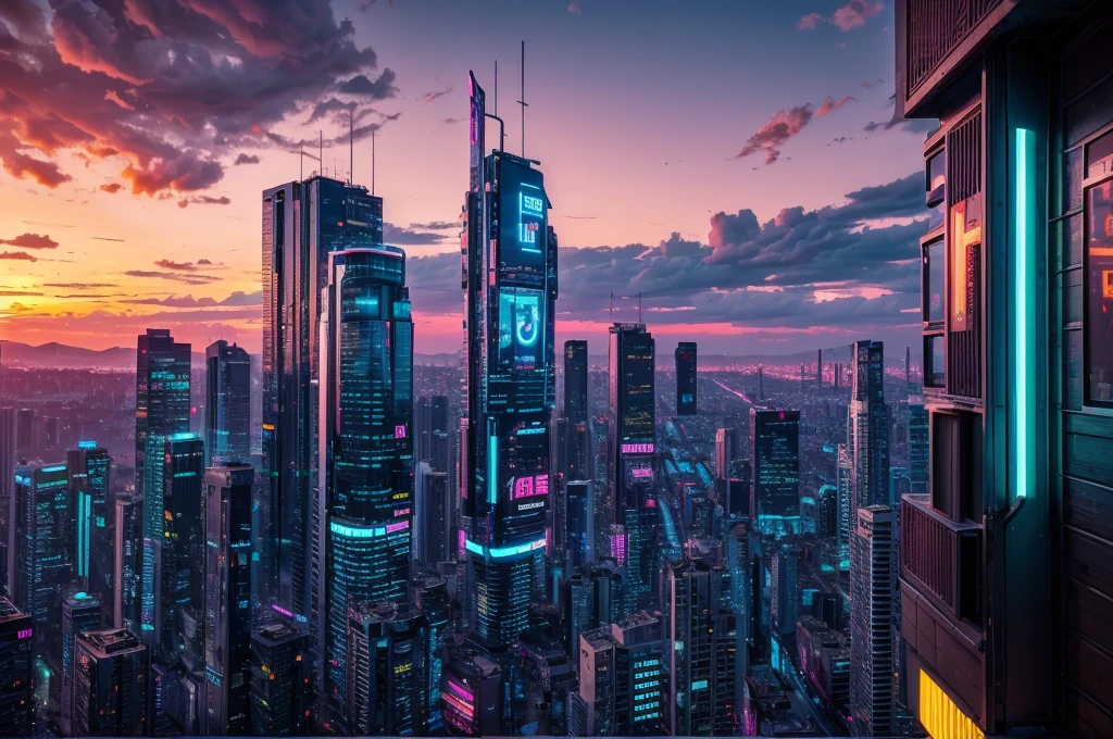 create a background image that conveys the appearance of a cyberpunk city, with vivid neon colors and blue LED, Pink, Unripe, warm colours, along with a sunset, view from an apartment